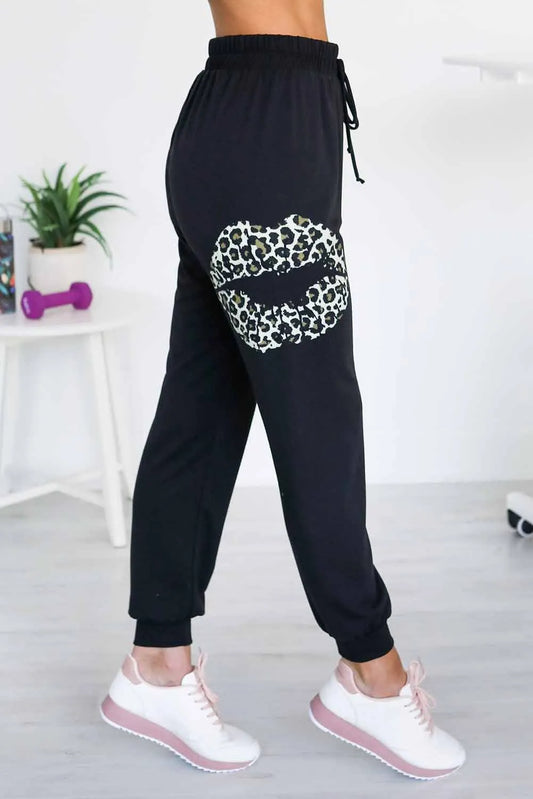 Black Leopard Lips Pattern Drawstring Waist Joggers - Chic Meadow Boutique 