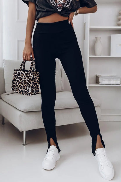 Black Rib Knit High Waist Slit Leggings - Chic Meadow Boutique 