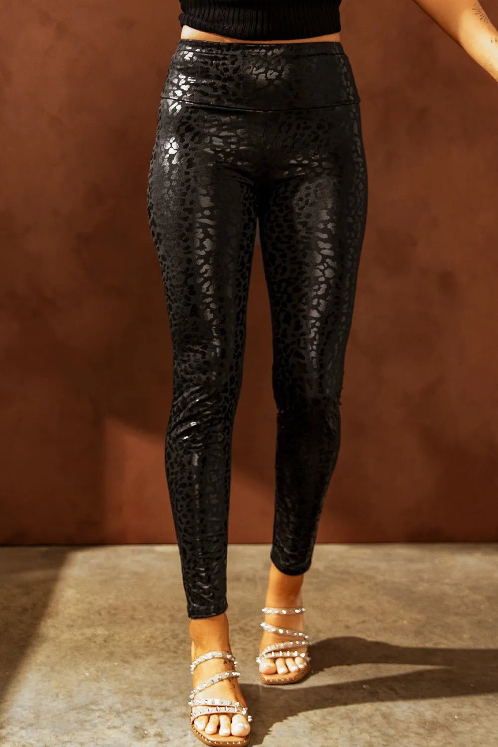 Black Shiny Leopard Textured Leggings - Chic Meadow Boutique 