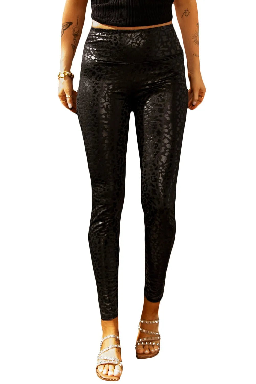 Black Shiny Leopard Textured Leggings - Chic Meadow Boutique 