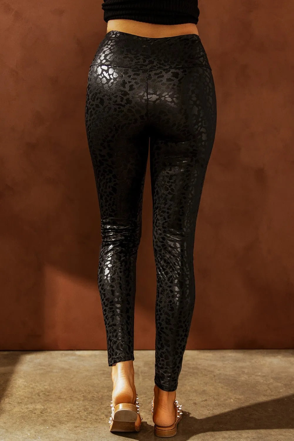 Black Shiny Leopard Textured Leggings - Chic Meadow Boutique 