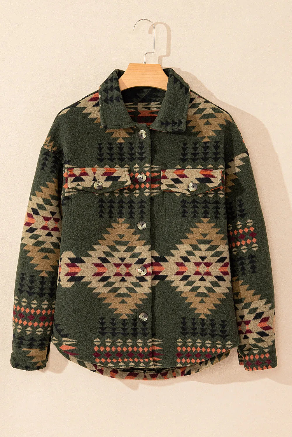 Green Aztec Print Flap Pockets Long Sleeve Shacket - Chic Meadow Boutique 