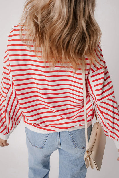 Orange Stripe Drop Shoulder Crew Neck Loose Sweatshirt - Chic Meadow Boutique 