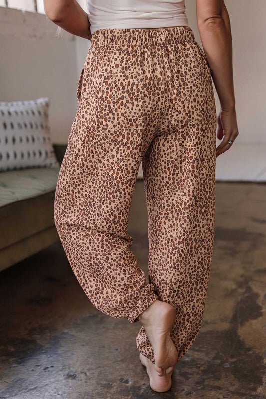 Khaki Leopard Print Drawstring Waist Patch Pockets Pants