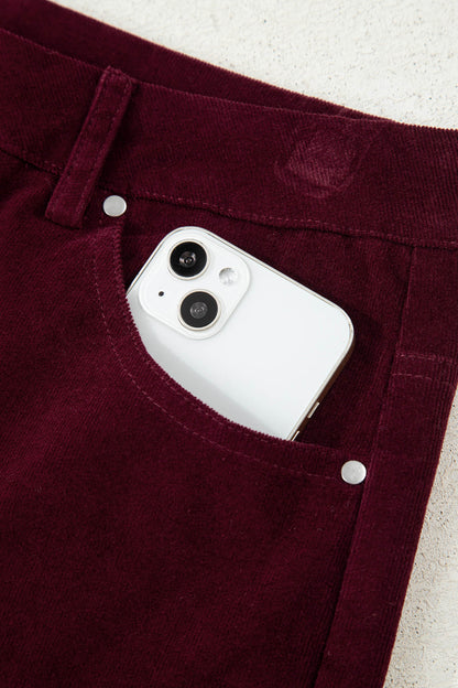 Burgundy Corduroy Solid Color High Waist Wide Leg Pants