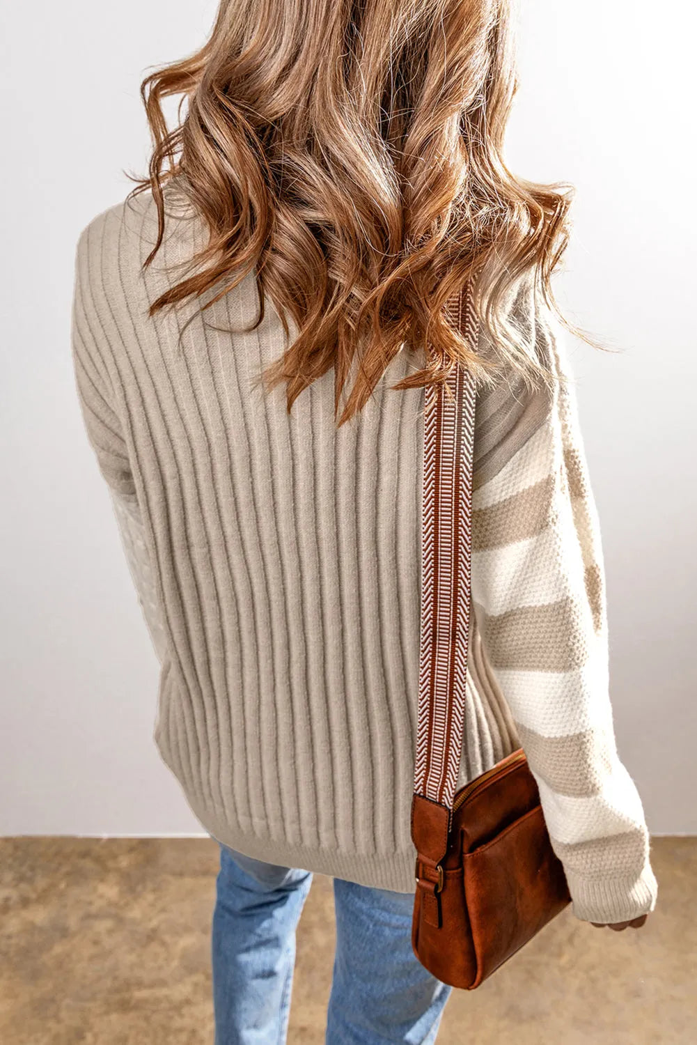 Khaki Cable Knit Colorblock Crew Neck Drop Shoulder Sweater - Chic Meadow Boutique 