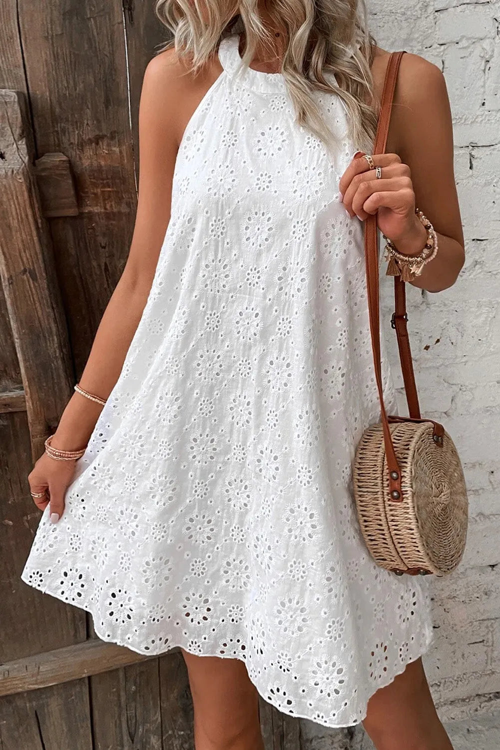 White Boho Eyelet Pattern Halter Neck Sleeveless Dress - Chic Meadow Boutique 