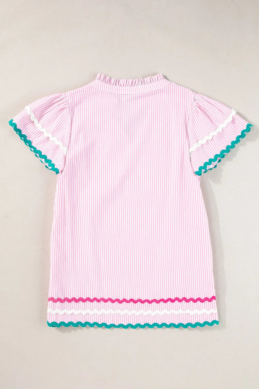 Pink Stripe Ricrac Trim Split Neck Striped Ruffled Sleeve Blouse - Chic Meadow Boutique 