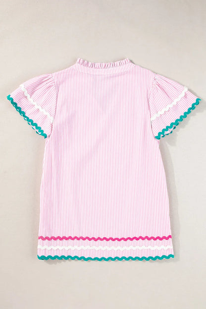 Pink Stripe Ricrac Trim Split Neck Striped Ruffled Sleeve Blouse - Chic Meadow Boutique 