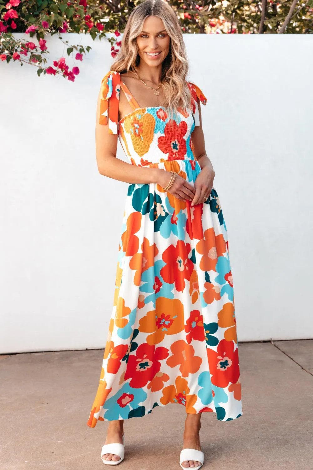 Dresses/Floral Dresses Orange Floral Self Tied Straps Smocked Bust Maxi Dress