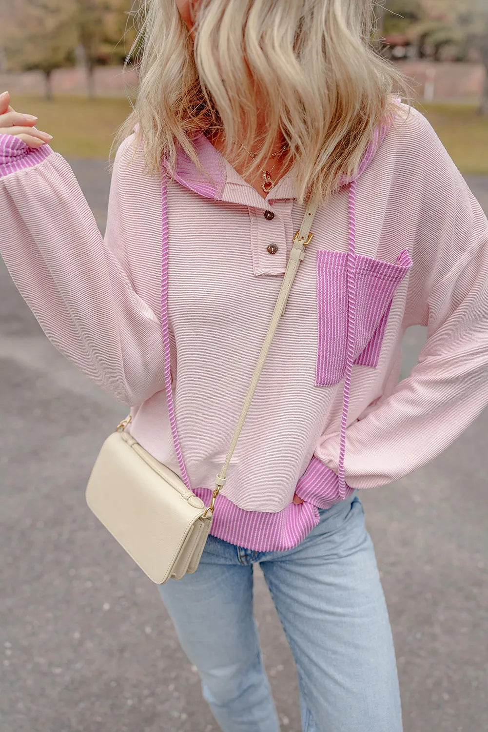 Light Pink Corded Colorblock Patch Pocket Drawstring Hoodie - Chic Meadow Boutique 