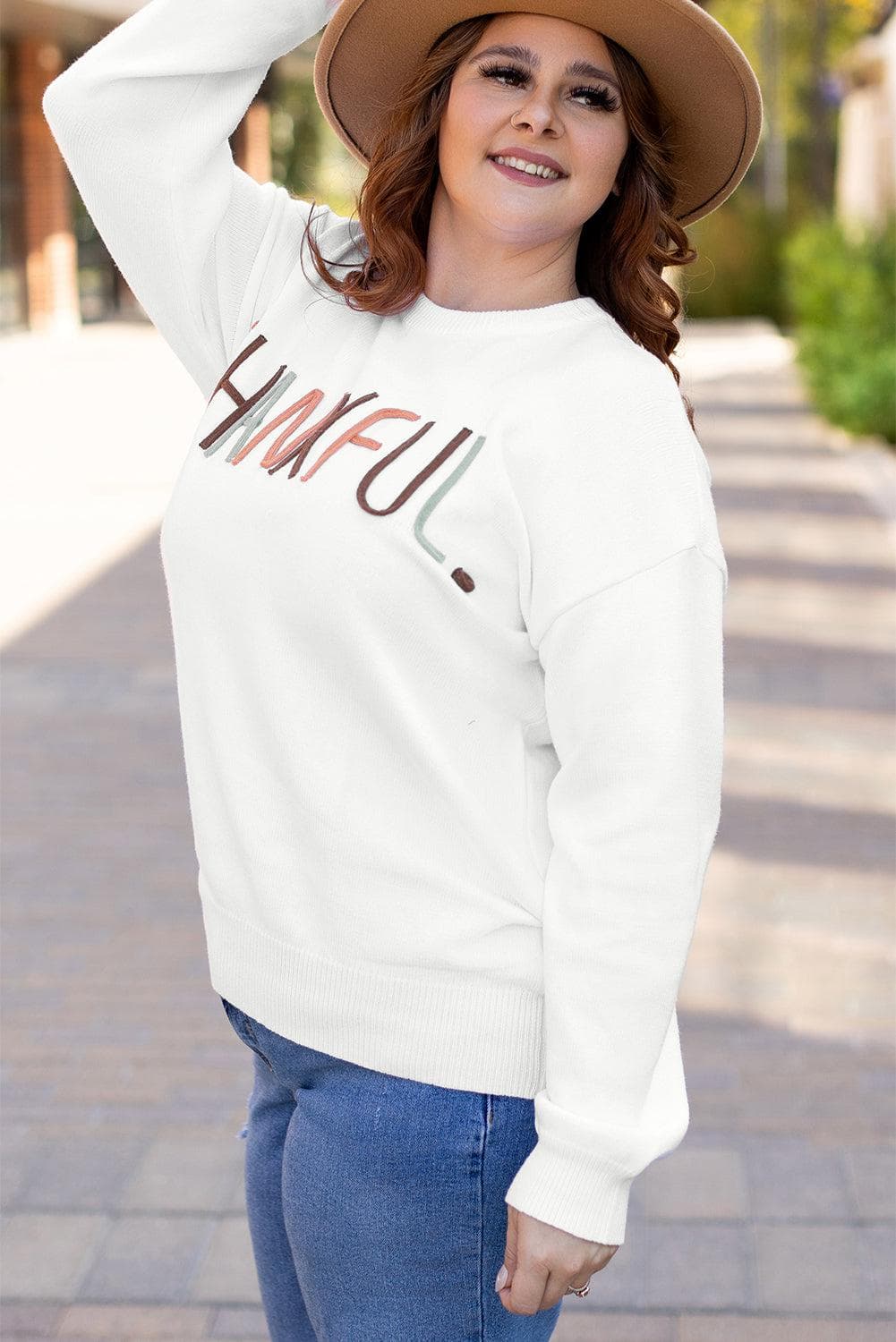 Plus Size/Plus Size Sweaters & Cardigans White Plus Size Thankful Ivory Embroidered Sweater