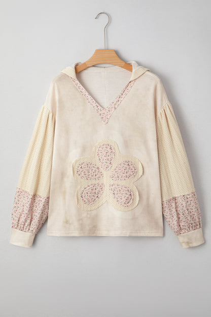 Beige Floral Patched Waffle Textured Colorblock V Neck Casual Hooded Top