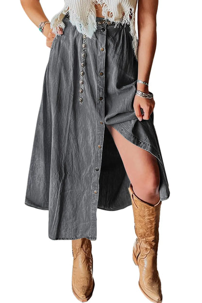 Dark Grey Fully Buttoned Long Denim Skirt - Chic Meadow Boutique 