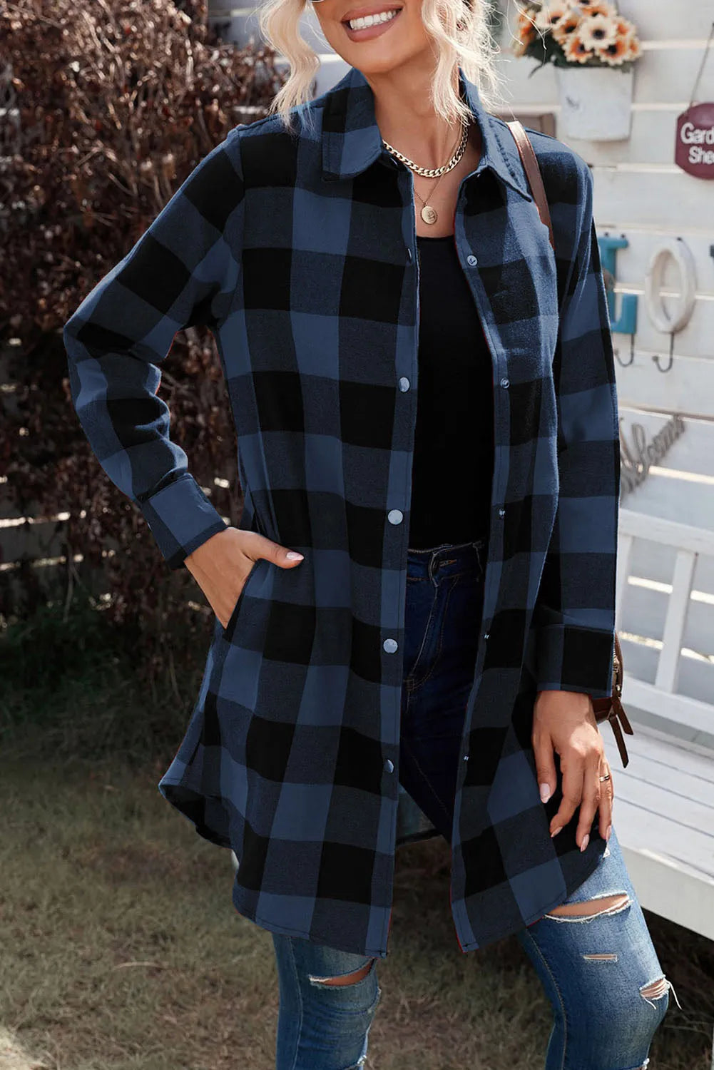 Blue Turn-down Collar Plaid Shirt Jacket - Chic Meadow Boutique 