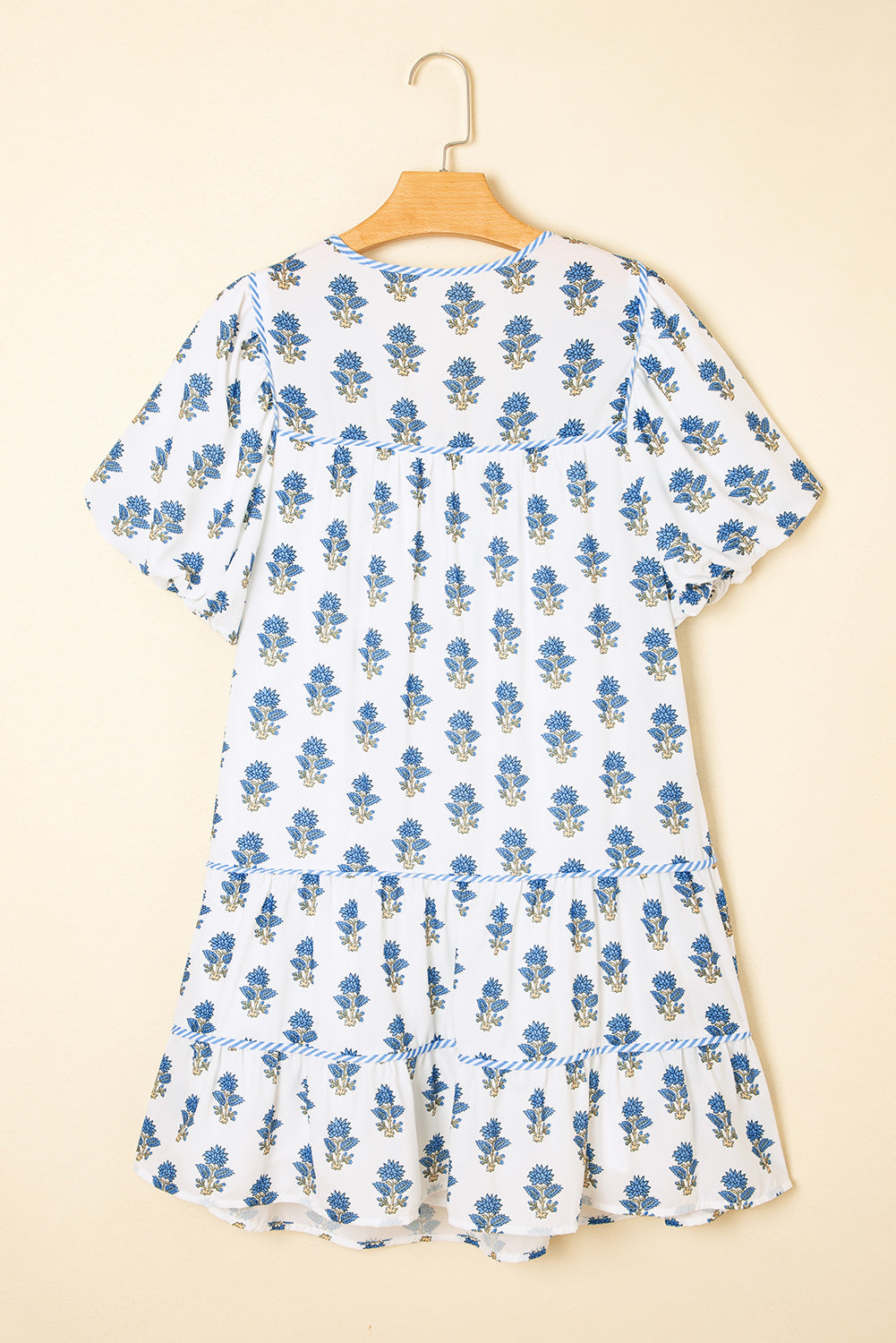 Sky Blue Floral Puff Sleeve Tied Neck Pocketed Mini Dress