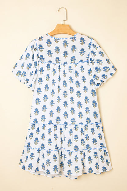 Sky Blue Floral Puff Sleeve Tied Neck Pocketed Mini Dress