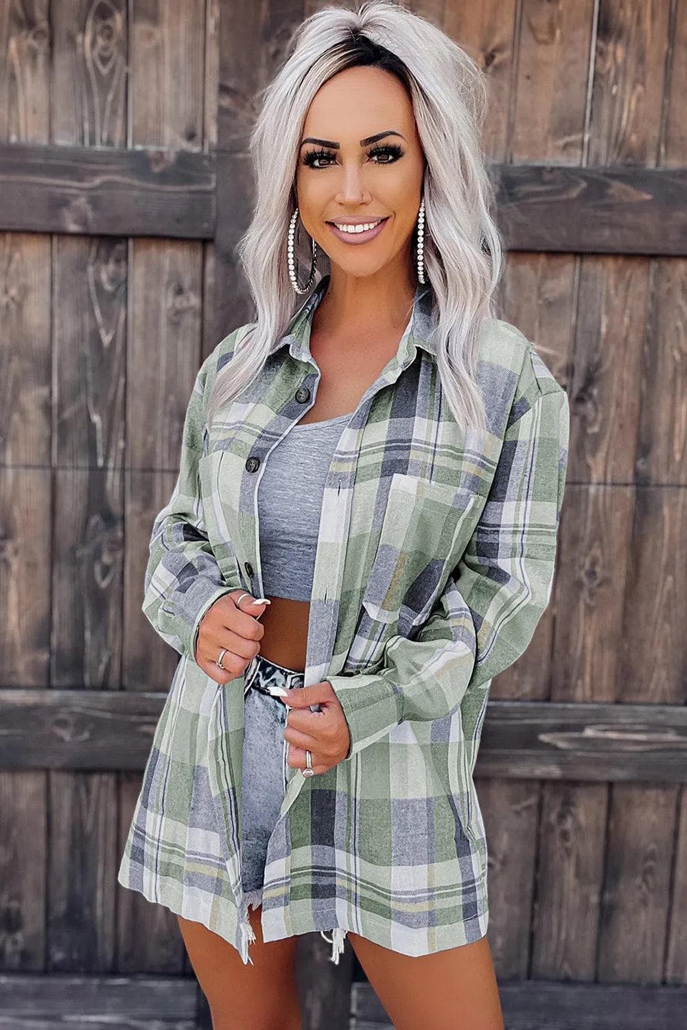 Tops/Blouses & Shirts Green Plaid Button Up Patch Pocket Shirt