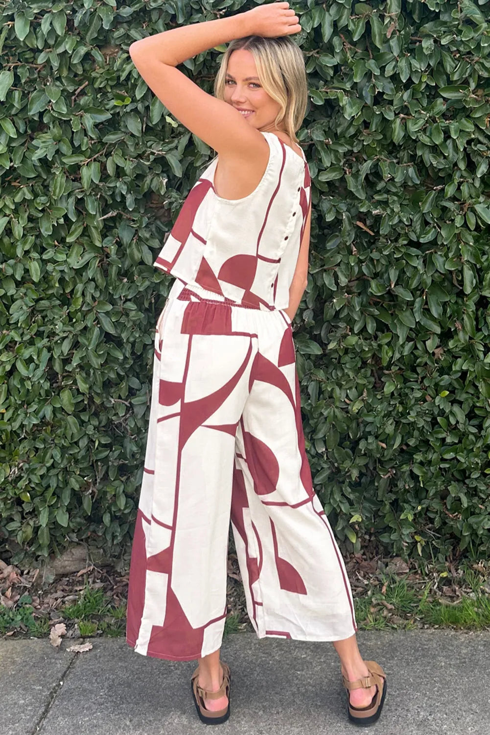 White Abstract Printed Button Back Vest and Wide Leg Pants Set - Chic Meadow Boutique 