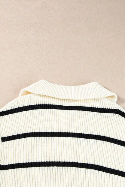 White Stripe Zipped Collar Cap Sleeve Knit Top - Chic Meadow Boutique 