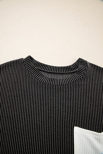 Carbon Grey Corded Knit Color Block Pocketed Crew Neck T Shirt