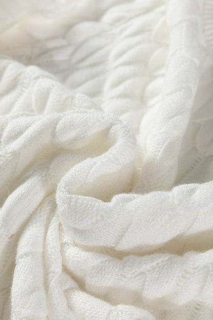 White Fish Scale Textured Knit Ribbed High Neck Short Sleeve Sweater