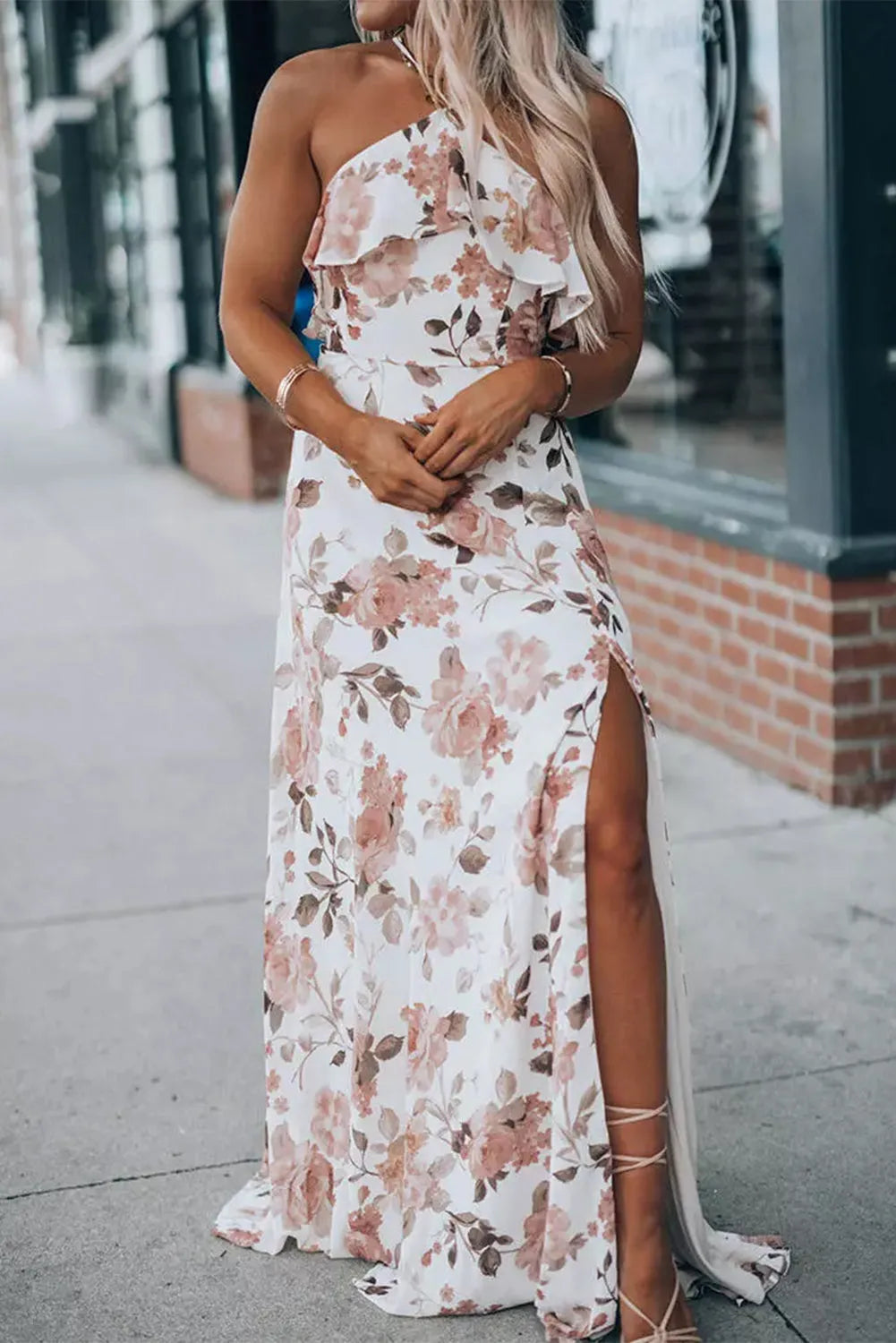 White Floral Slit Ruffled Halterneck Maxi Dress - Chic Meadow Boutique 