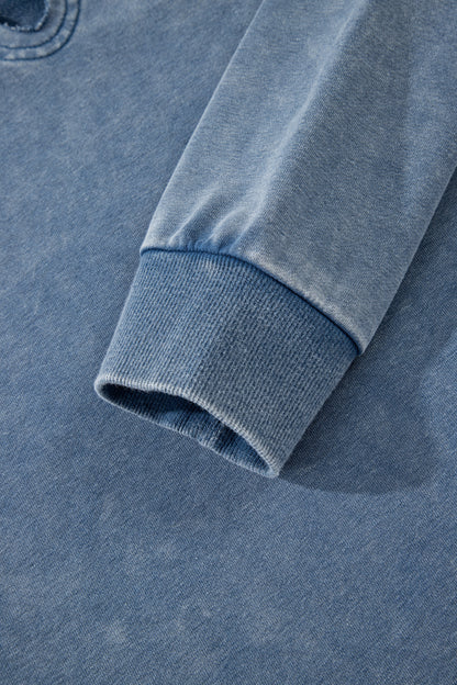 Sail Blue Lace Patchwork Detail Notched Neck Mineral Wash Baggy Sweatshirt