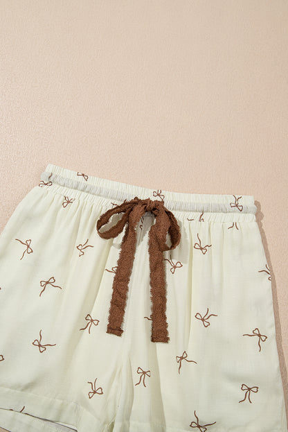 White Bow Print Lace Drawstring Casual Shorts