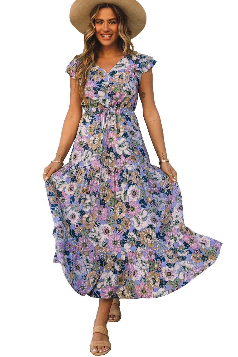 Purple Layered Ruffle Sleeves Long Floral Dress - Chic Meadow Boutique 