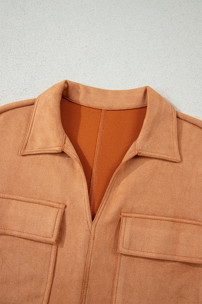 Thai Curry Collared V Neck Faux Suede Short Sleeve Shift Mini Dress