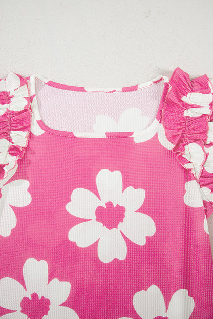 Pink Floral Textured Ruffled Short Sleeve Square Neck Blouse