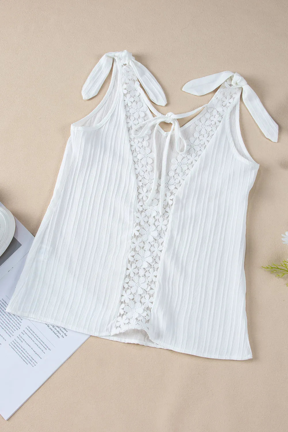 White Lace Splicing Knotted Backless V Neck Tank Top - Chic Meadow Boutique 