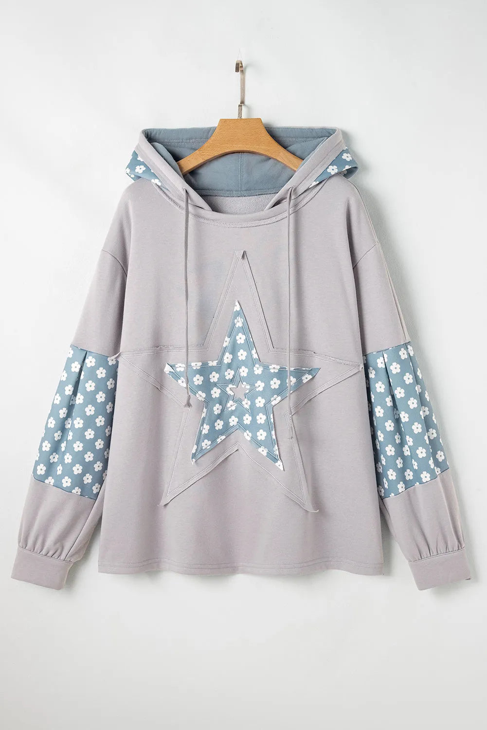 Beau Blue Floral Patchwork Star Pattern Drawstring Hoodie - Chic Meadow Boutique 