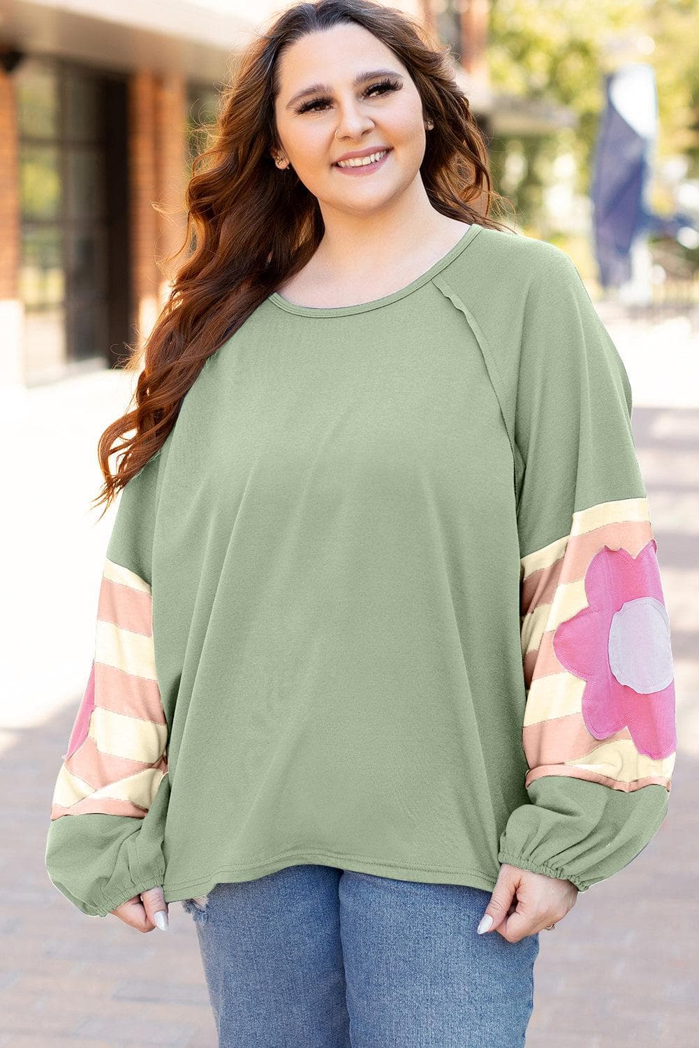 Tops/Long Sleeve Tops Smoke Green Flower Patchwork Raglan Sleeve Exposed Seam Oversized Top