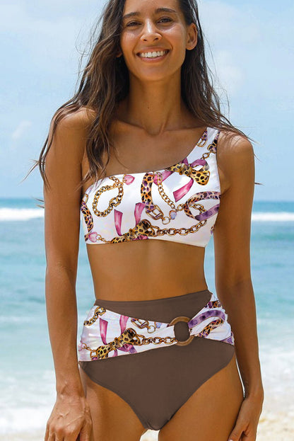 Khaki Abstract Print One Shoulder Ring Linked High Waist Bikini