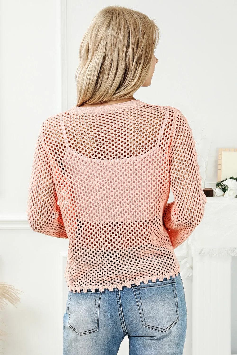 Pink Hollowed Eyelets Knit Bell Sleeve Sweater - Chic Meadow Boutique 