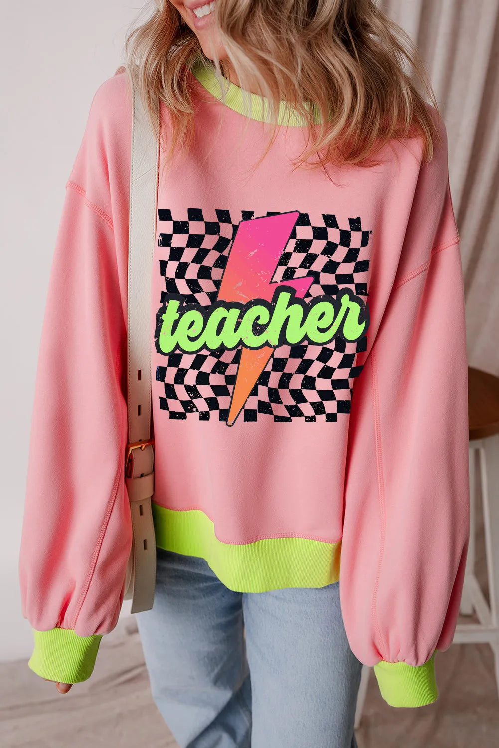 Pink Teacher Lightning Checkered Print Color Block Sweatshirt - Chic Meadow Boutique 