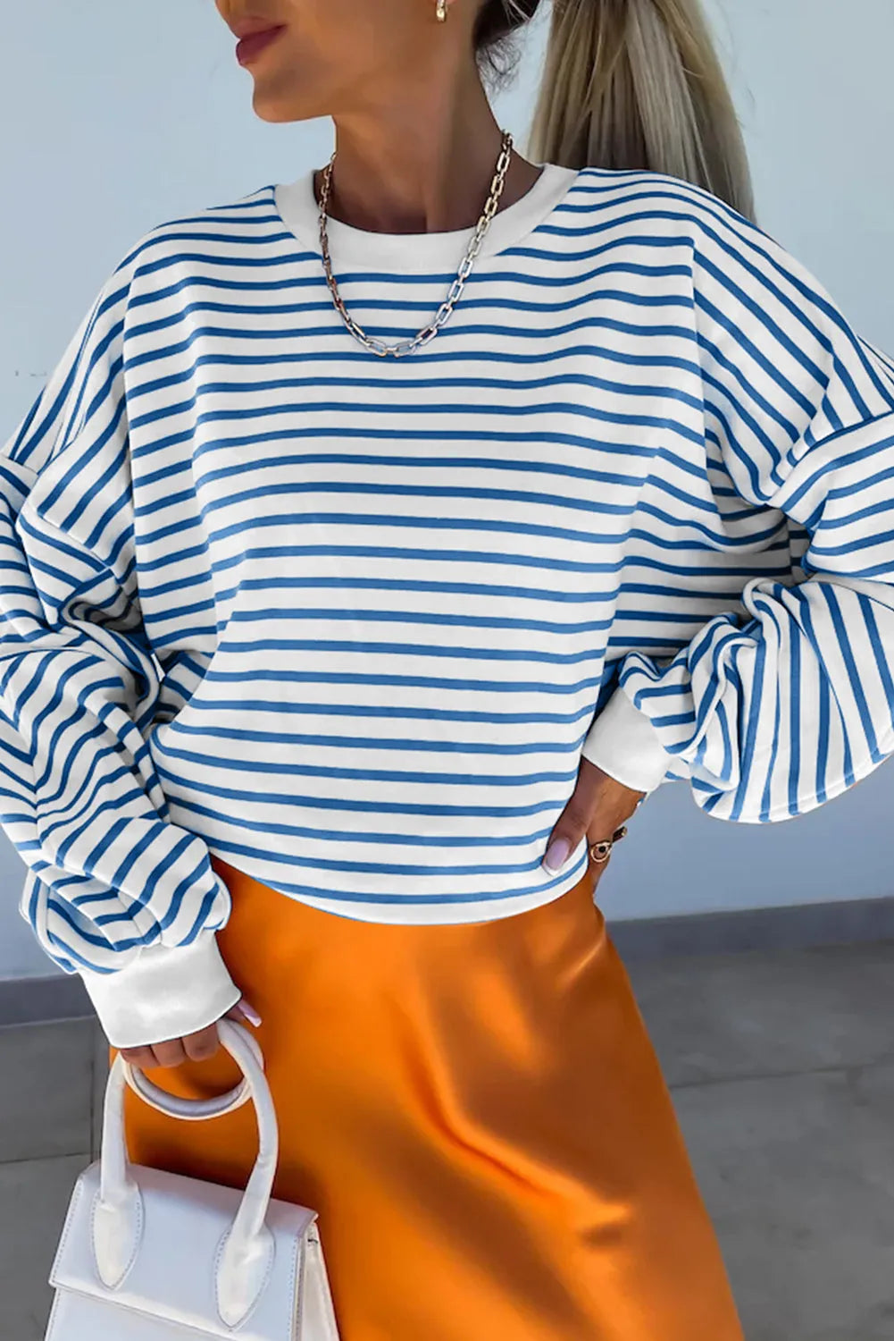 Blue Stripe Drop Shoulder Crew Neck Loose Sweatshirt - Chic Meadow Boutique 