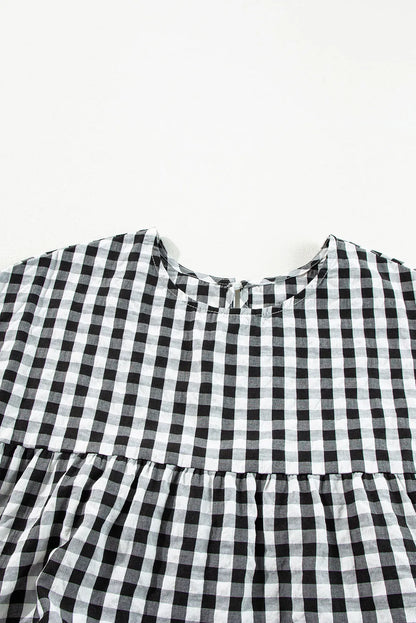 Black Checkered Puff Sleeve Tiered Loose Babydoll Blouse - Chic Meadow Boutique 