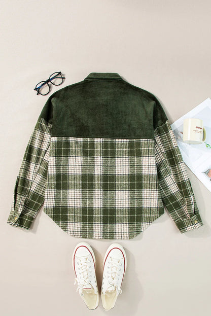 Blackish Green Snap Buttons Colorblock Plaid Shacket - Chic Meadow Boutique 