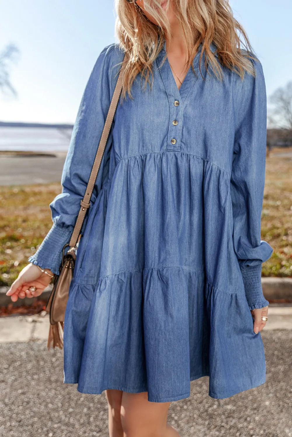 Dusk Blue Smocked Cuff Buttoned Tiered Denim Mini Dress - Chic Meadow Boutique 