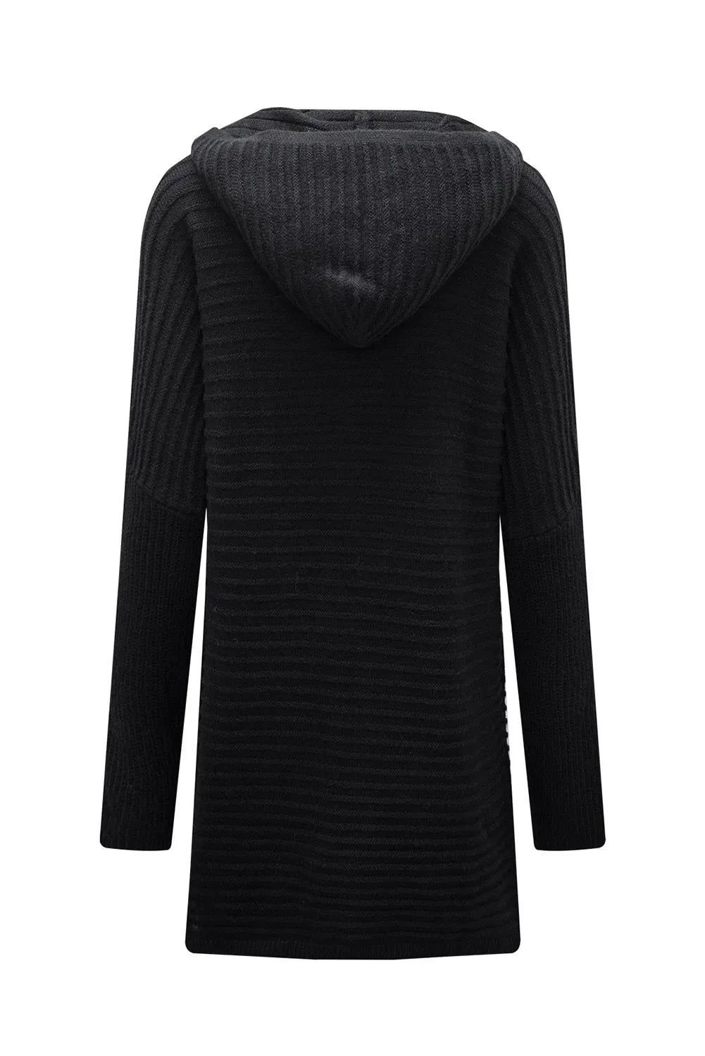 Black Horizontal Rib Knitted Open Front Hooded Cardigan - Chic Meadow Boutique 