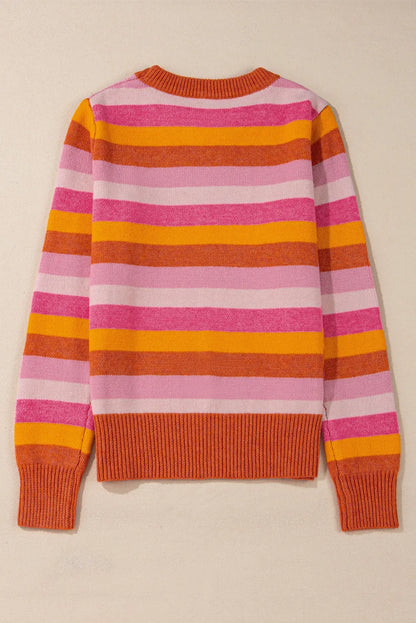 Orange Color Block Ribbed Edge Round Neck Sweater - Chic Meadow Boutique 