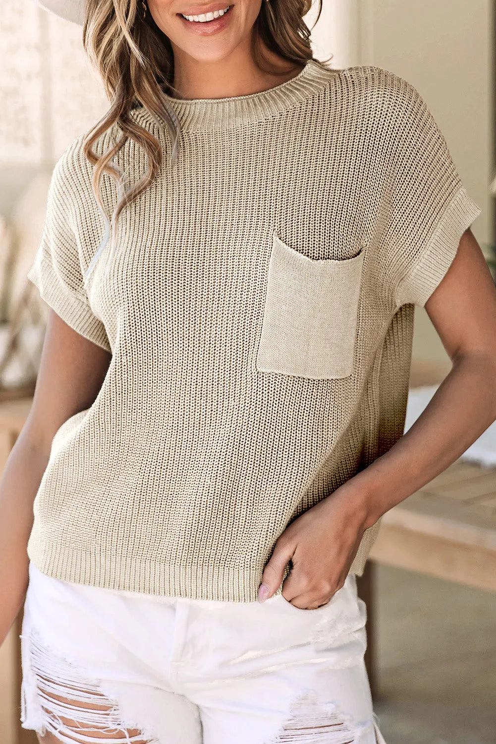 Pale Khaki Patch Pocket Short Sleeve Sweater - Chic Meadow Boutique 