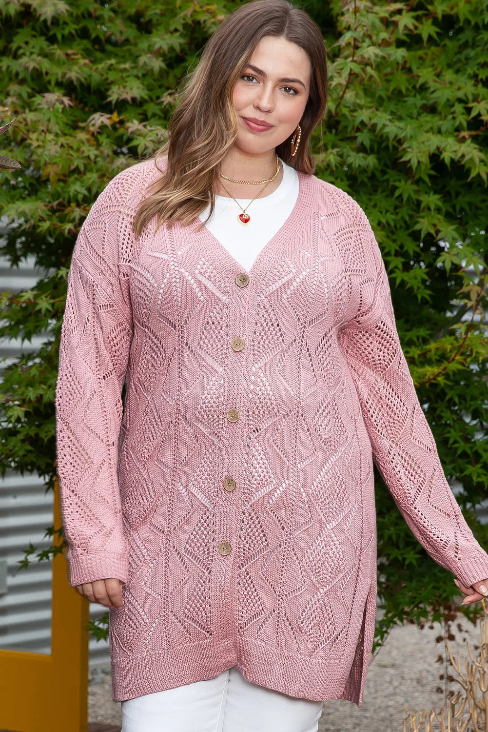 Pink Open Knit Button-Up Plus Size Cardigan - Chic Meadow Boutique 