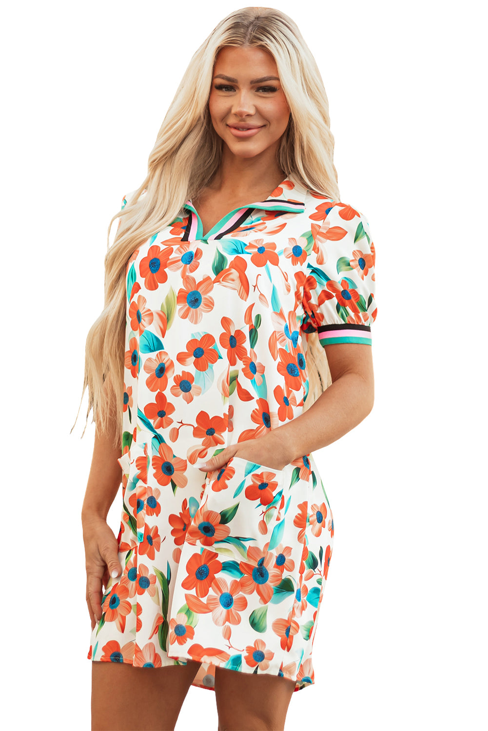 Orange Contrast Trim Floral Split Neck Puff Short Sleeve Tiered Mini Dress