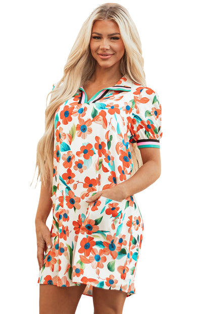 Orange Contrast Trim Floral Split Neck Puff Short Sleeve Tiered Mini Dress