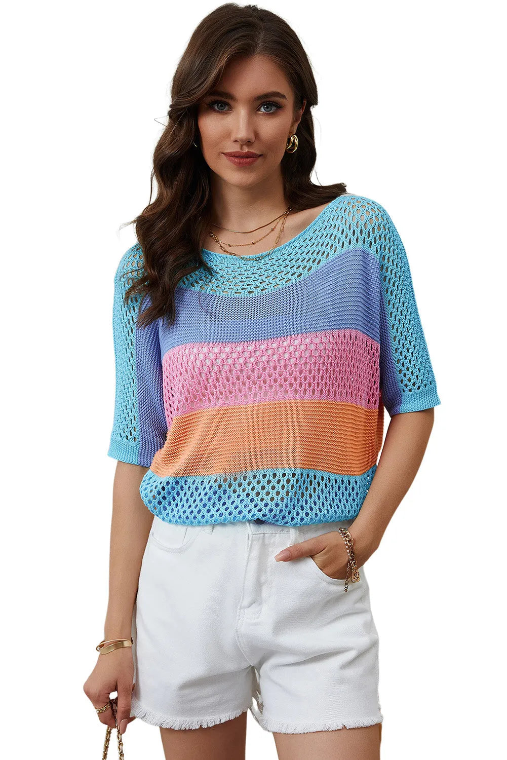 Sky Blue Knitted Eyelet Colorblock Striped Half Sleeves Top - Chic Meadow Boutique 