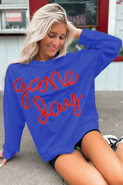 Dark Blue Tinsel Game Day Drop Shoulder Graphic Sweatshirt - Chic Meadow Boutique 